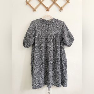 Everlane Blue and White Floral Babydoll Mini with Puff Sleeves